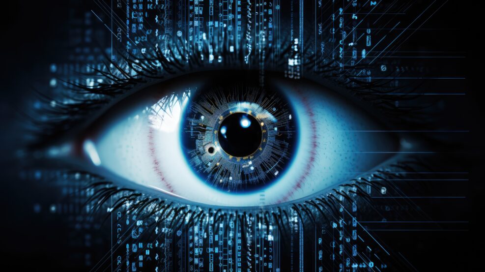 internet security and privacy challenges. Use a human eye and digital binary code to convey the idea of surveillance by cybercriminals.