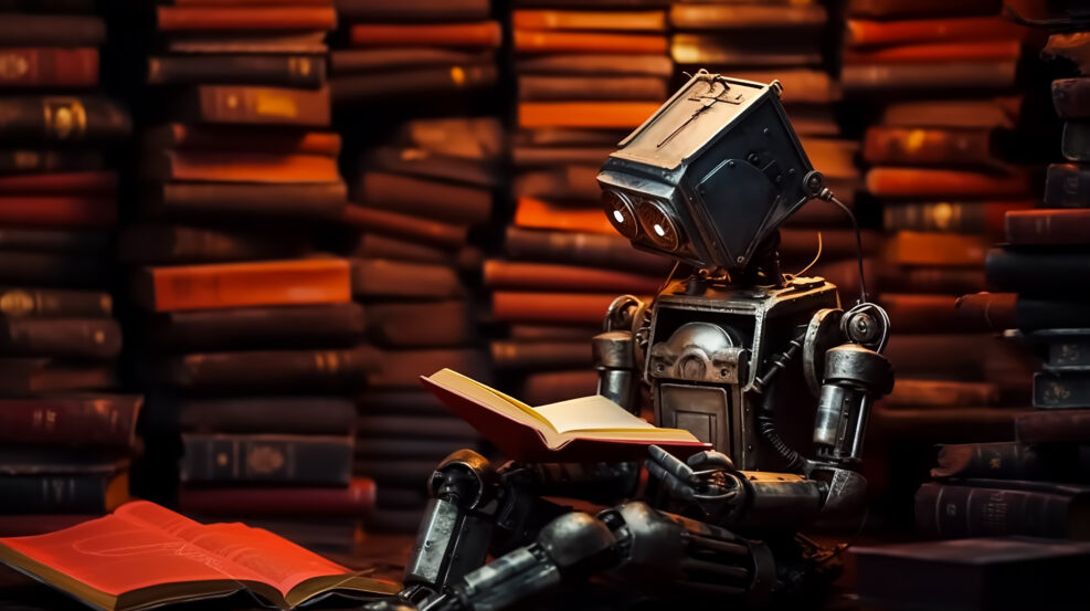 Retro Robot mad of junk rusty metal learning Human Civilization by it self reading books like making updates in library