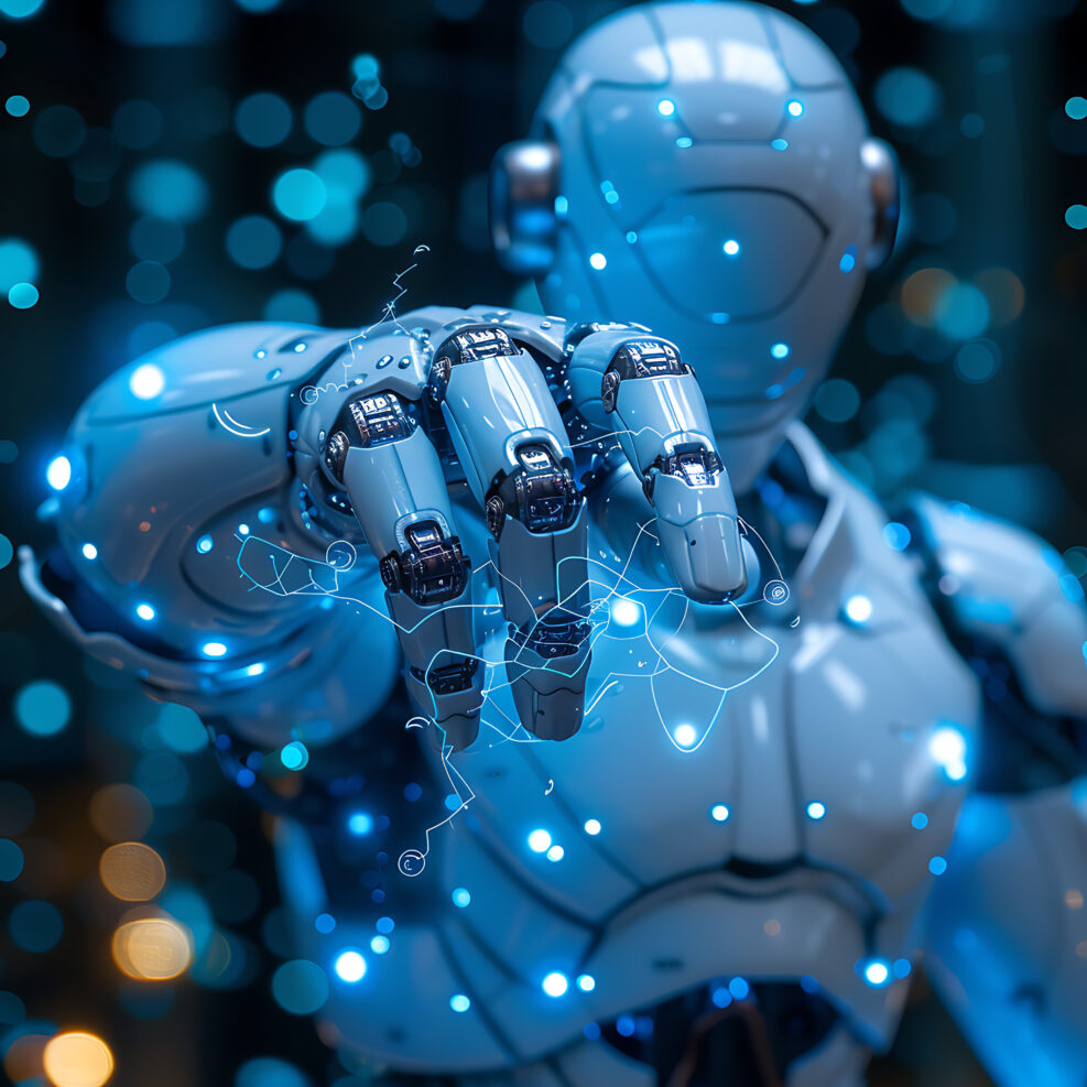 Robot hand displays blue digital interface, wearing blue suit and helmet.
