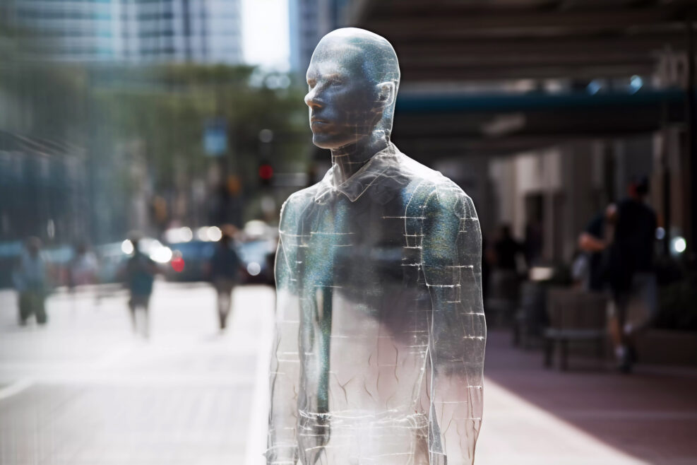 transparent invisible person on the city street. ai generated