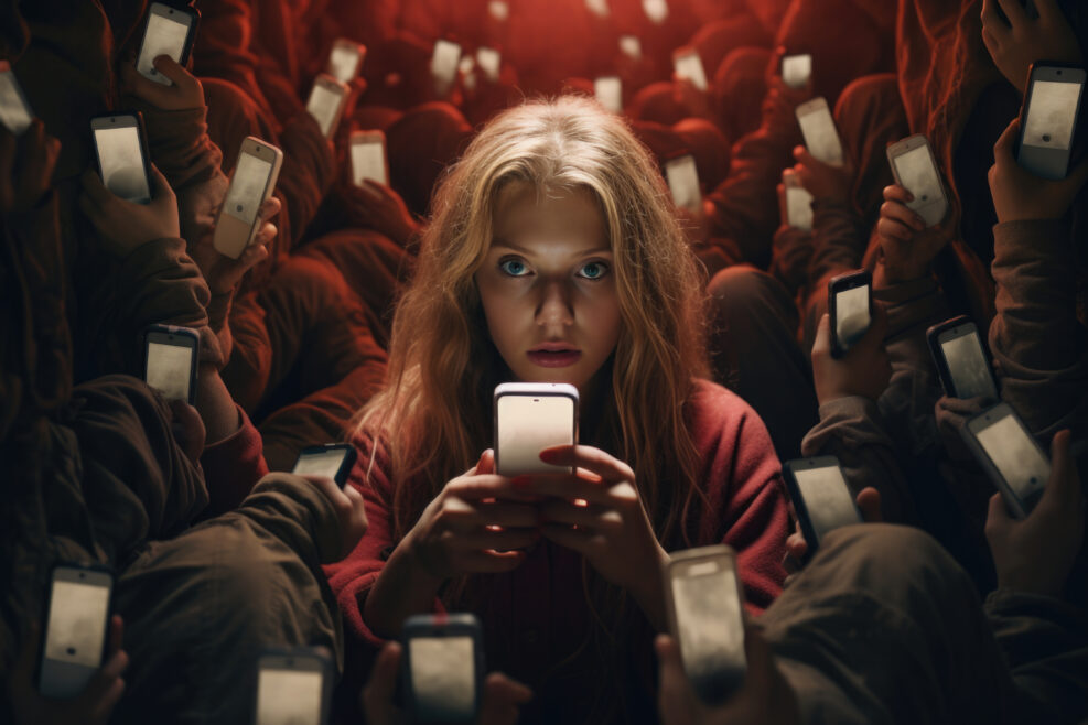 A woman is consumed by her phone. She is so focused on her phone that she is unaware of the world around her. The image is a warning about the dangers of addiction to technology