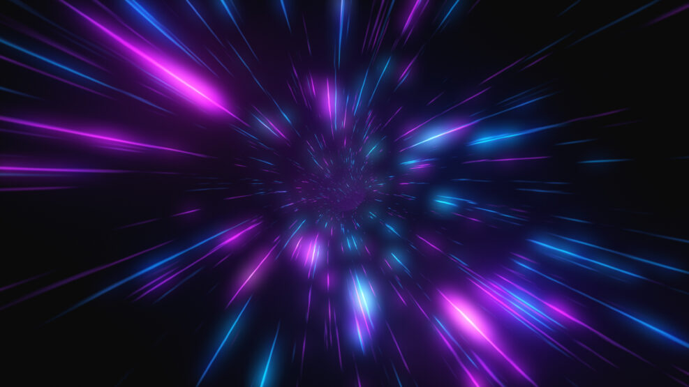 Abstract flight in retro neon hyper warp space in the tunnel 3d illustration