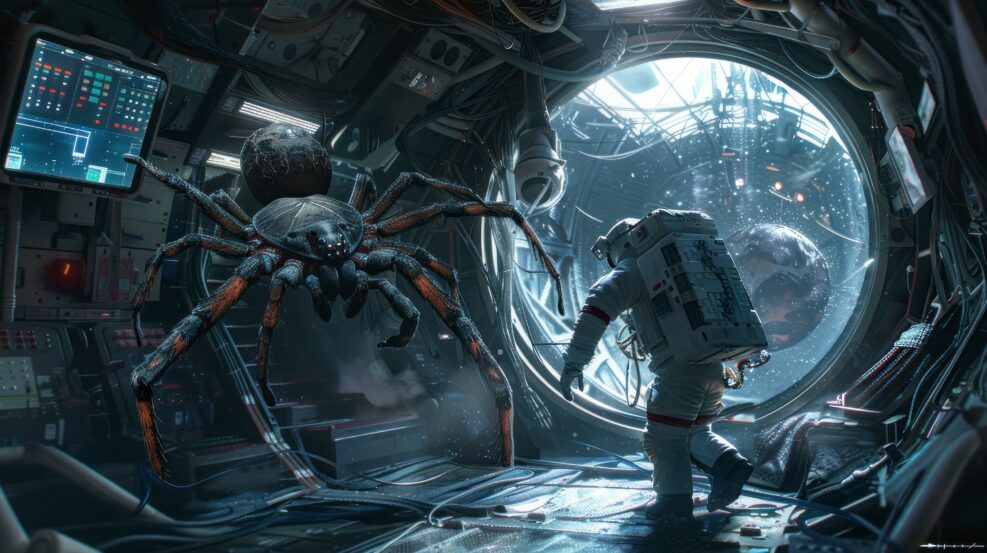 astronaut in a ship with a giant spider in space