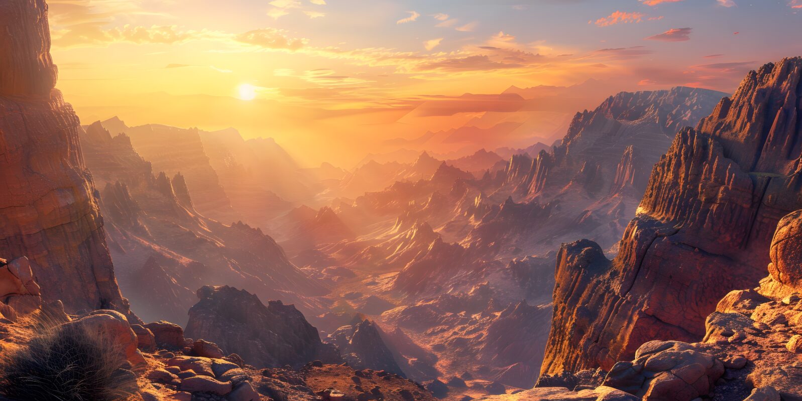Capture the realism of a breathtaking sunrise, casting its warm glow over a majestic mountain landscape.