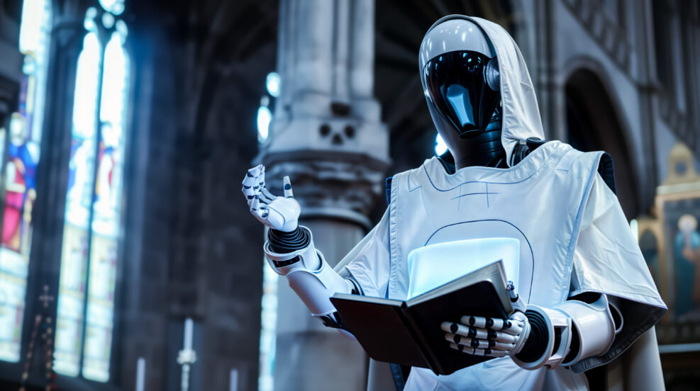 Futuristic AI robot in priest attire stands inside church and preaching. Setting combines traditional religious elements with advanced technology, showcasing unique blend of past and future.