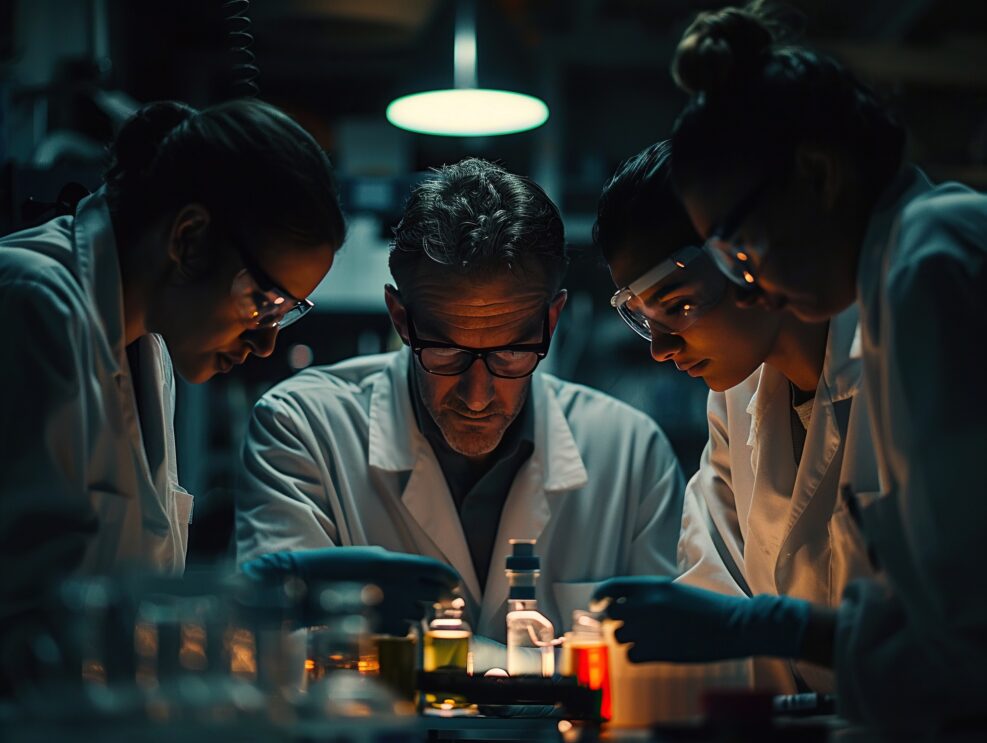 In a dimly lit laboratory, a group of scientists debates the ethical implications of altering human genetics The camera angle is focused on the intense expressions of the researchers,