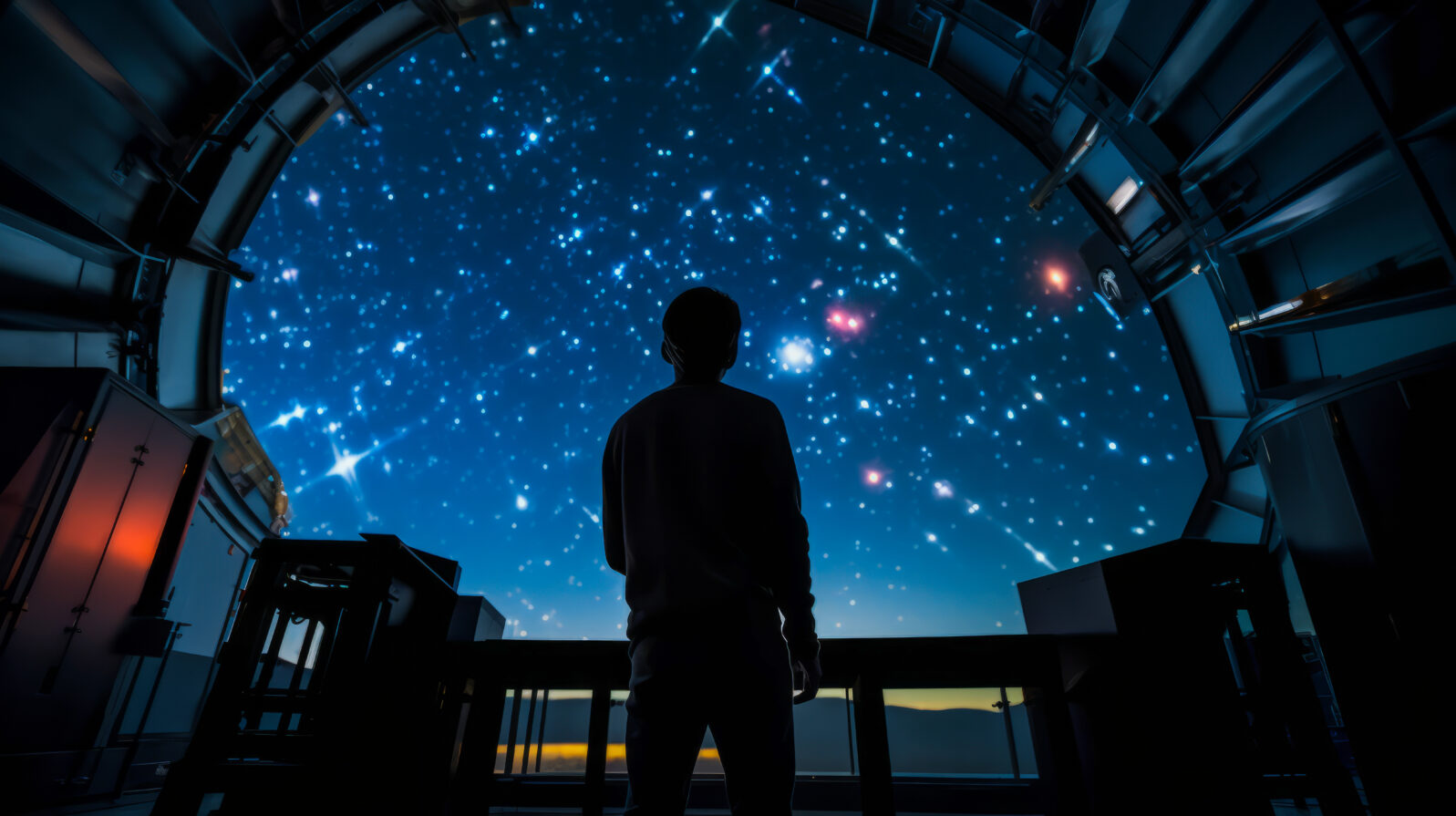 Scientist studying stars through large telescope, cosmology