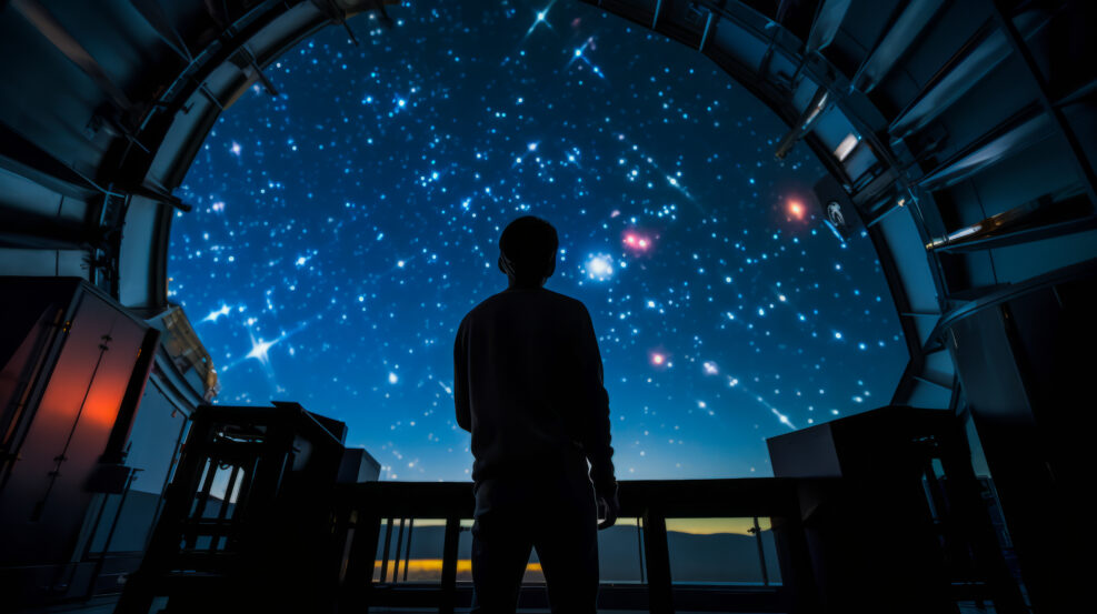 Scientist studying stars through large telescope, cosmology