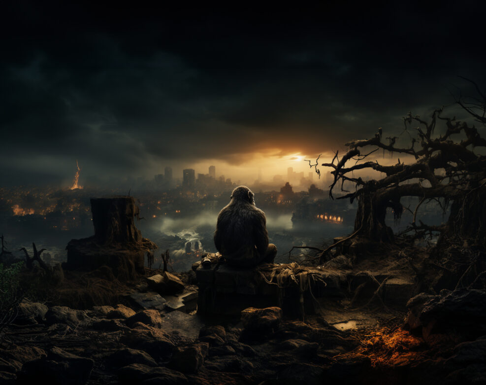 An ape observes the apocalyptic city after a human disaster