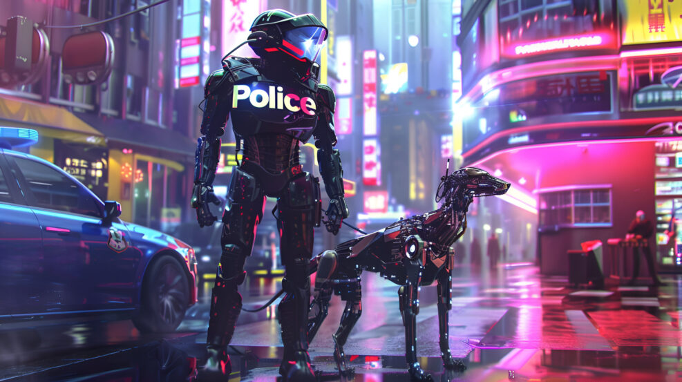 Asian cyberpunk robot police officer accompanied by a robotic dog, neon lights, Chinatown