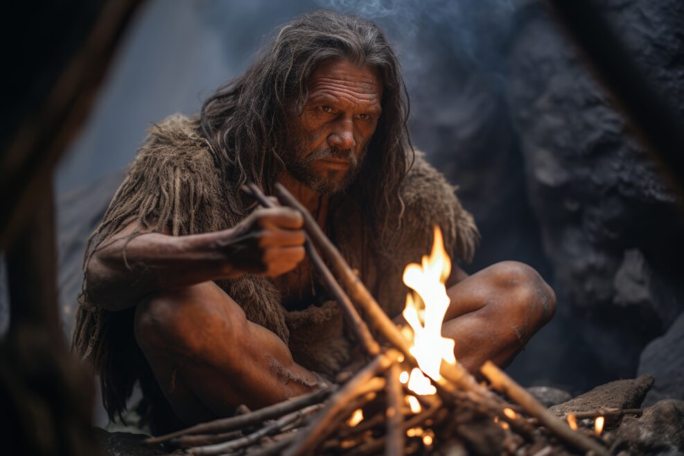 Portrait of Neanderthal man tending to a fire in a primitive shelter, embodying protection and provider instincts.