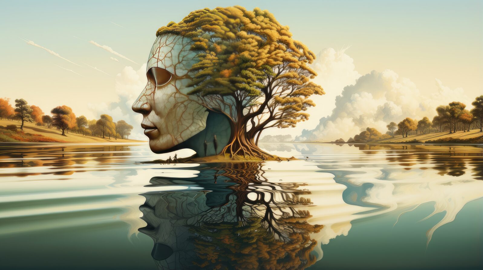 surreal portrait of nature's essence. woman's face blending with lush trees and life, symbolizing environmental connection and growth