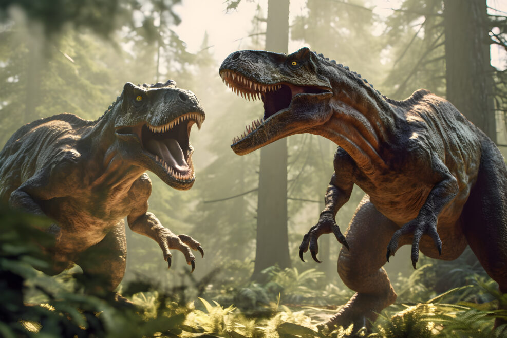 Two tyrannosaurus rex are fighting in pine forest . Created by generative AI .