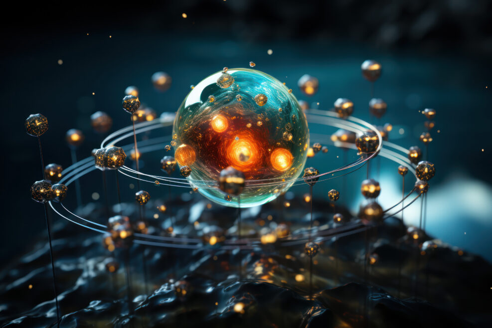 A depiction of electrons orbiting an atomic nucleus, illustrating the fundamental concept of quantum mechanics. Generative Ai.