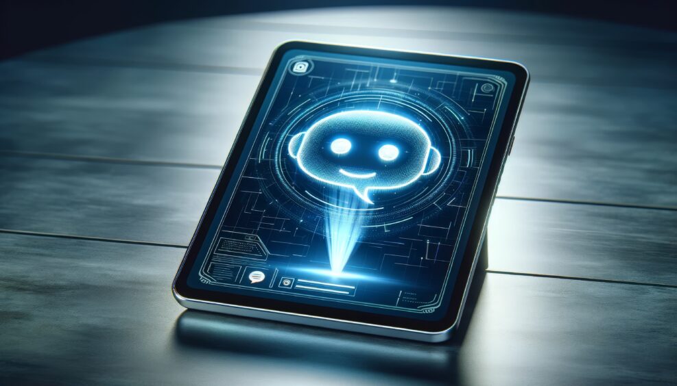 A digital tablet casting a hologram of a chatbot icon, symbolizing advanced customer service technology.