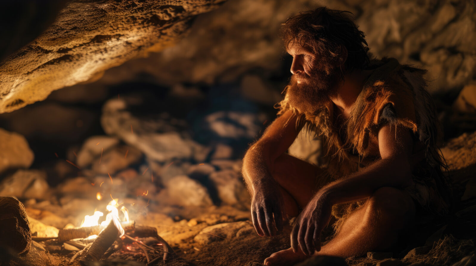 Bearded neanderthal man sits by fire in cave at night, caveman and bonfire on dark background. Concept of Homo sapiens, prehistoric era, primitive, ancient, Stone Age