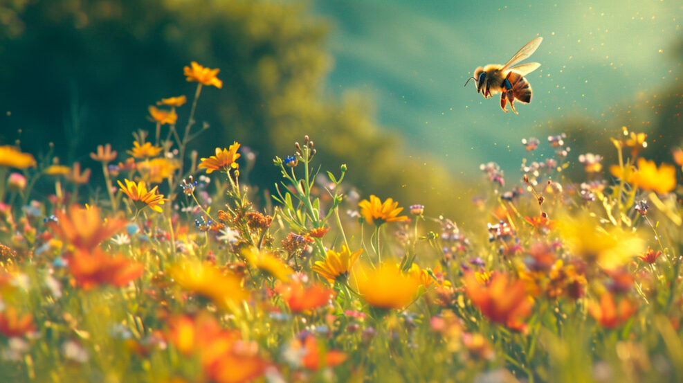 Bees in the meadow and apiary. Selective focus.