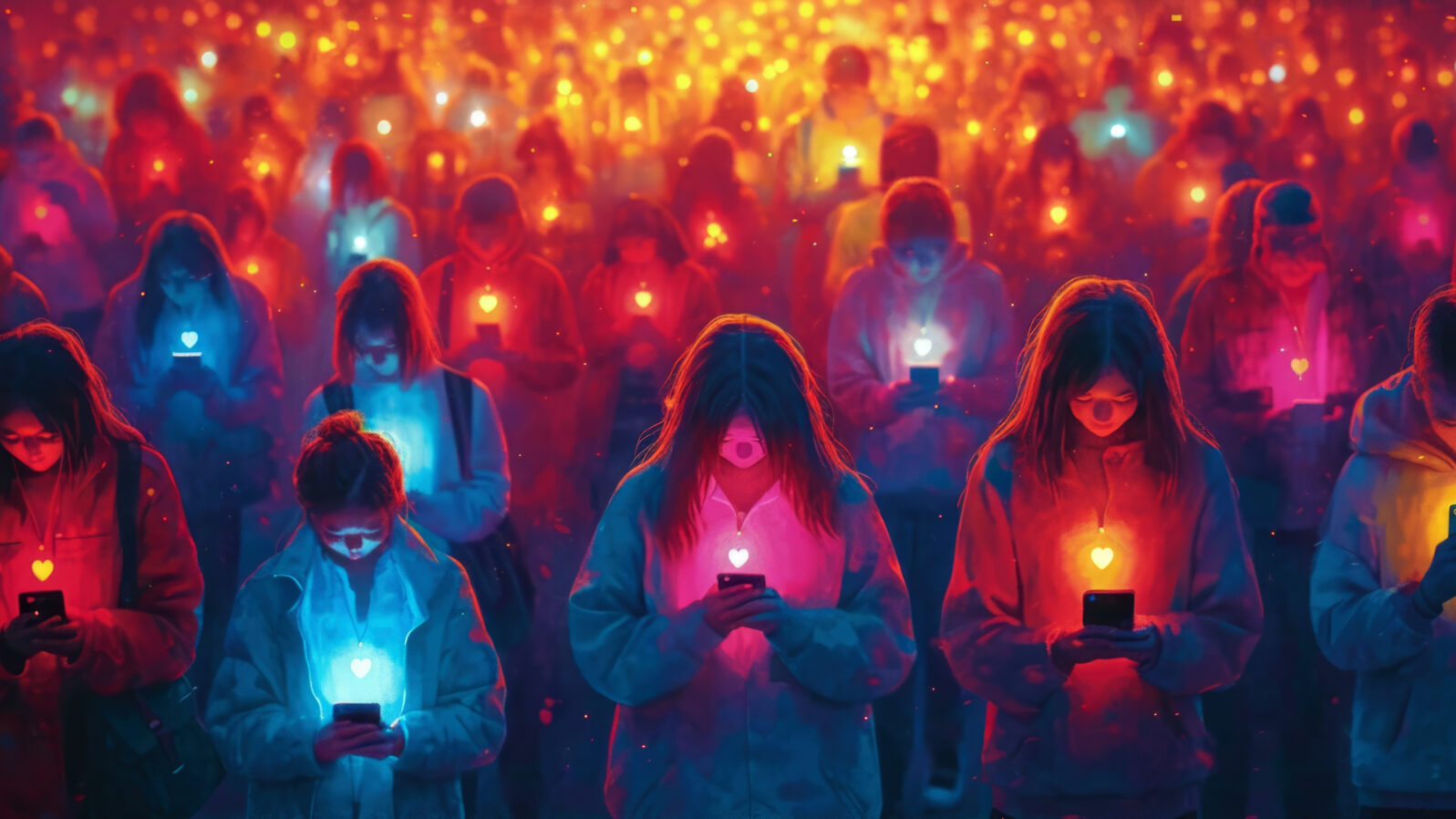 Cell phone addiction concept. Many teens hold smart device. Social media like obsession. Online communication problem. People watch mobile gadget screen. Art illustration. Cyberspace internet network.