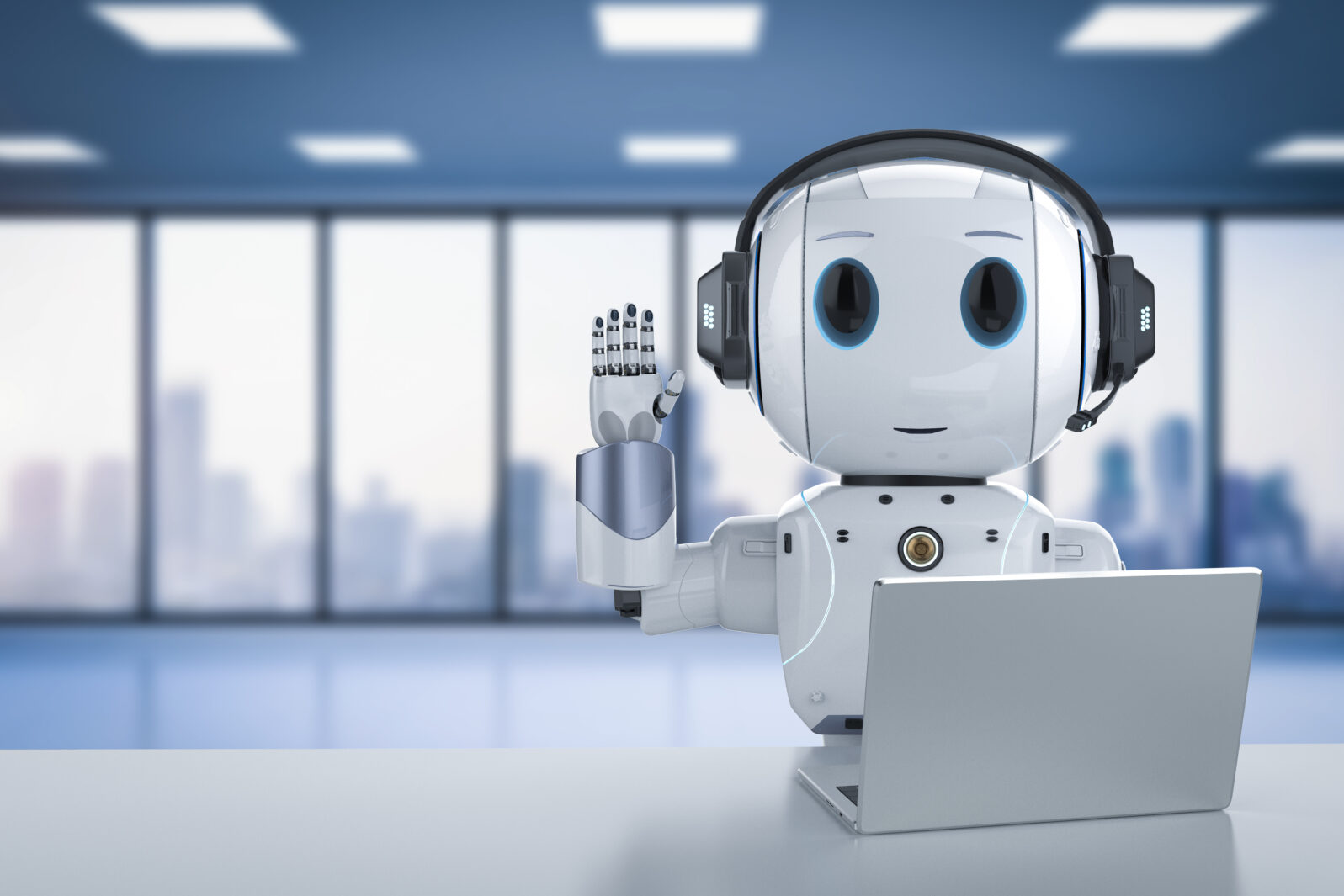 cute artificial intelligence robot with notebook