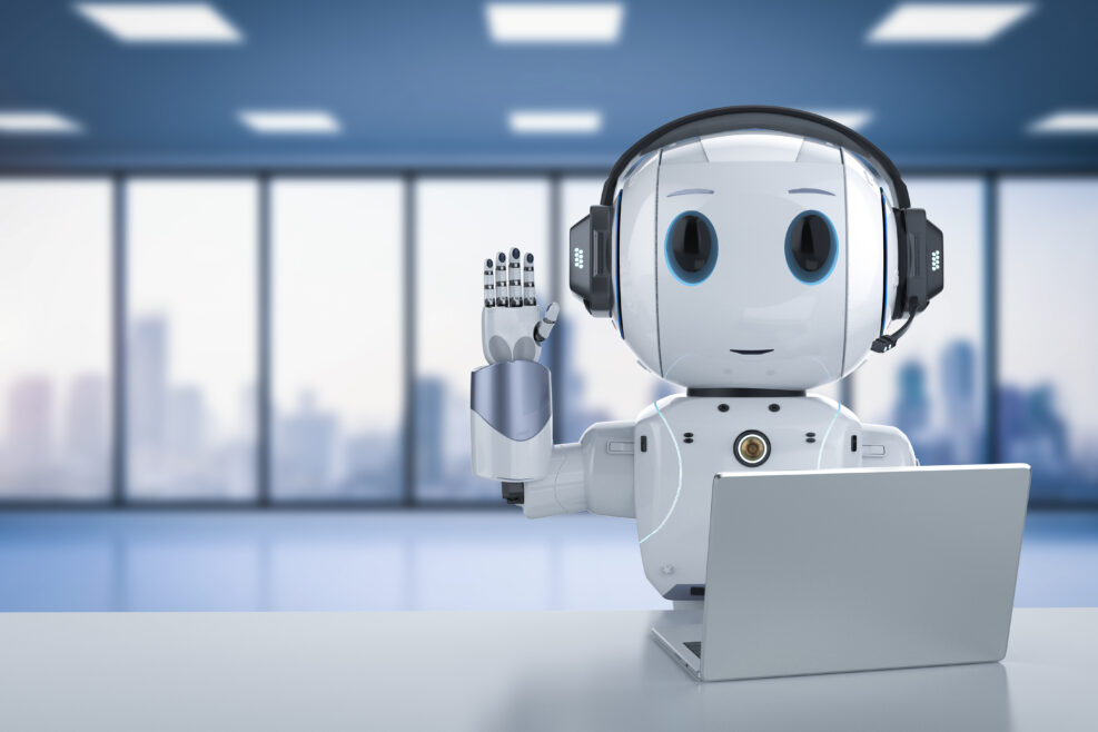 cute artificial intelligence robot with notebook