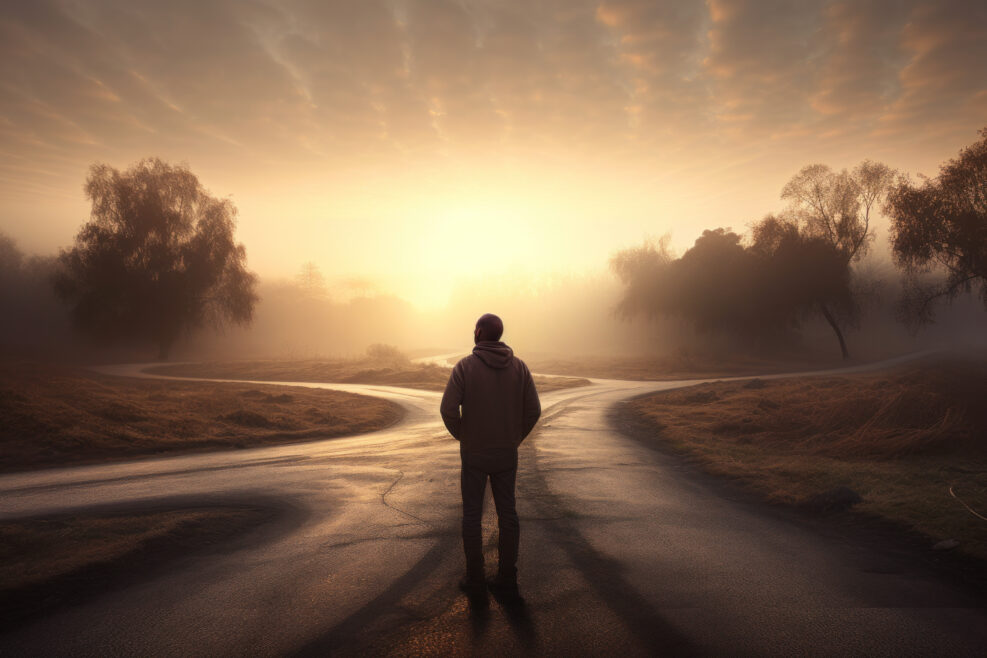 man standing in front of various paths, needing to make a decision to move forward in life. Generative Ai.