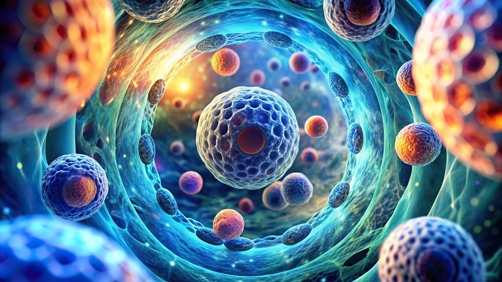 Microscopic view inside a human cell, science, biology, anatomy, microscopic, cellular, organelles, nucleus, cytoplasm