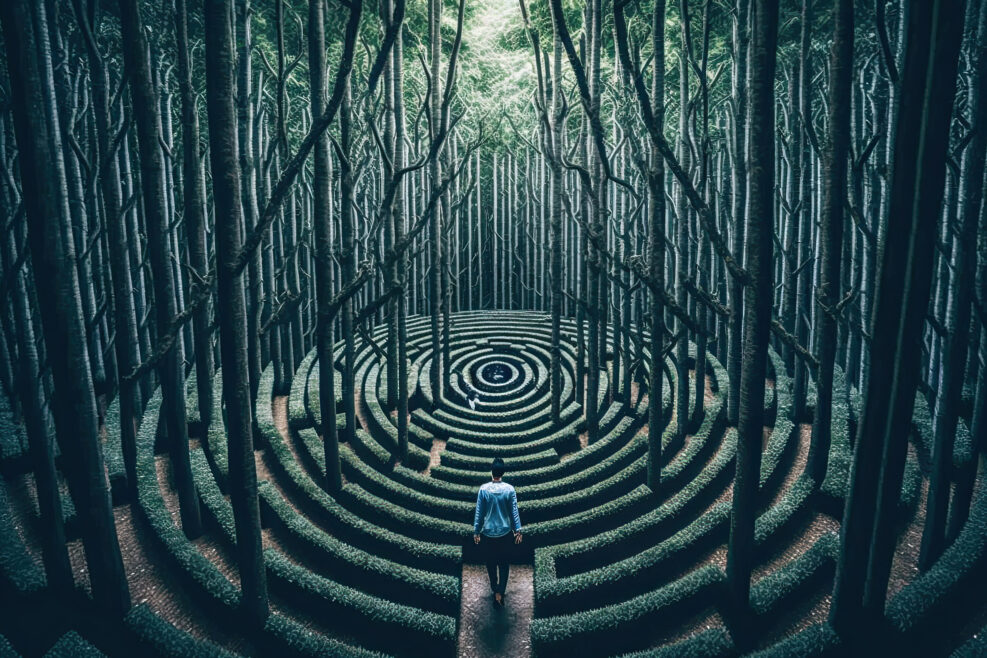 Person is looking for way out of psychedelic maze. A surreal labyrinth in magical forest. Human consciousness is at dead end, searching for solutions. Created with Generative AI