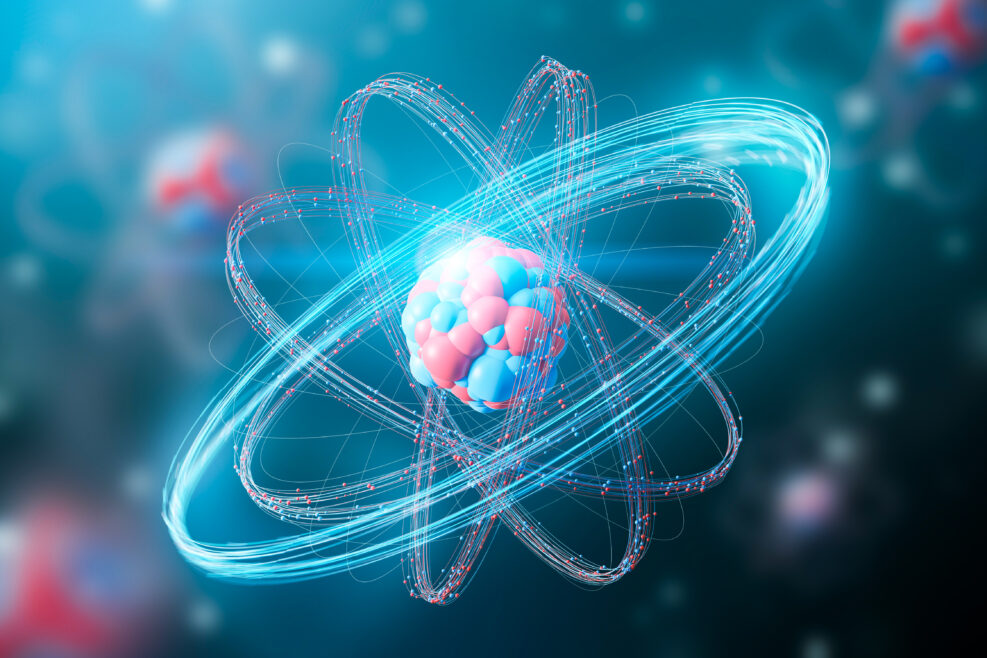 Red blue atom model over blurred blue and red