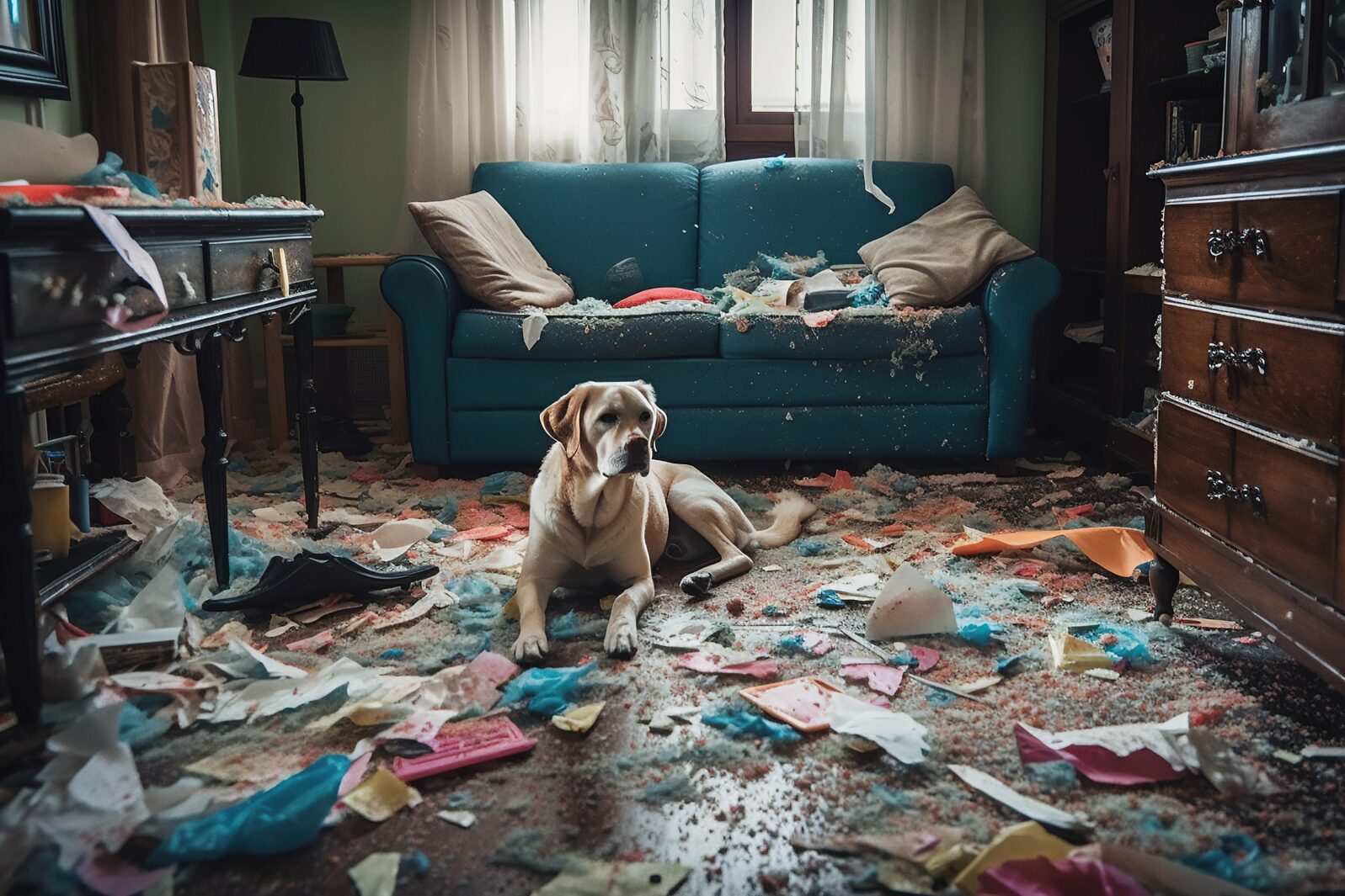 The dog made a mess in the living room, tore the sofa and scattered things. Generative AI