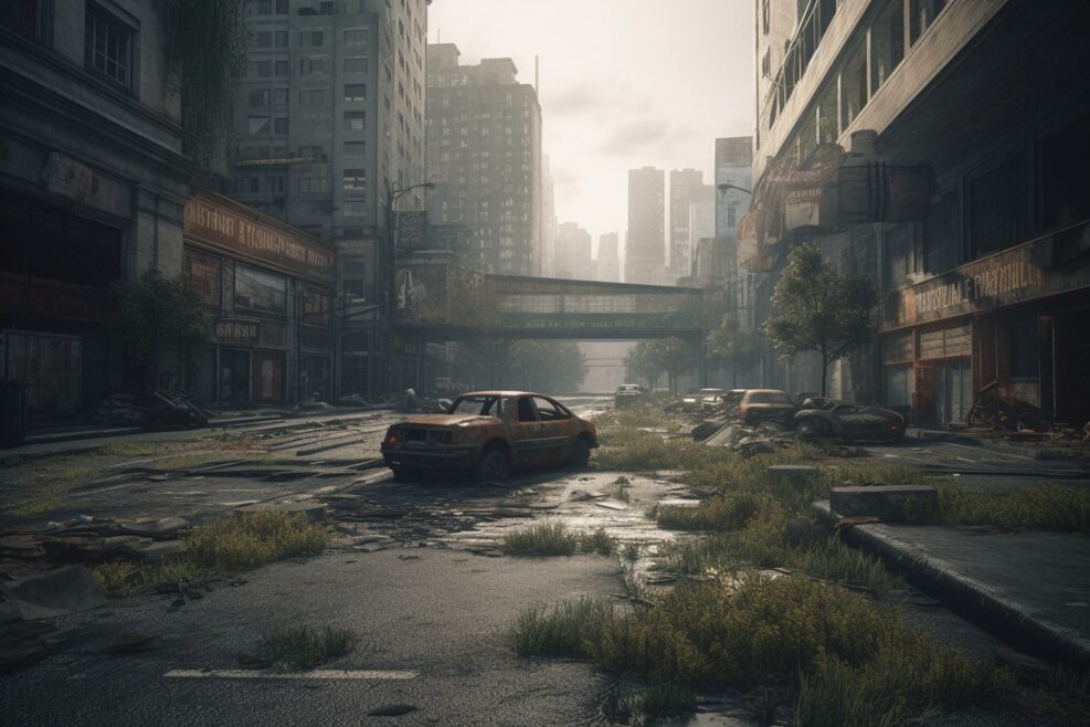 A post-apocalyptic New York City with empty roads and bleak atmosphere. Generative AI