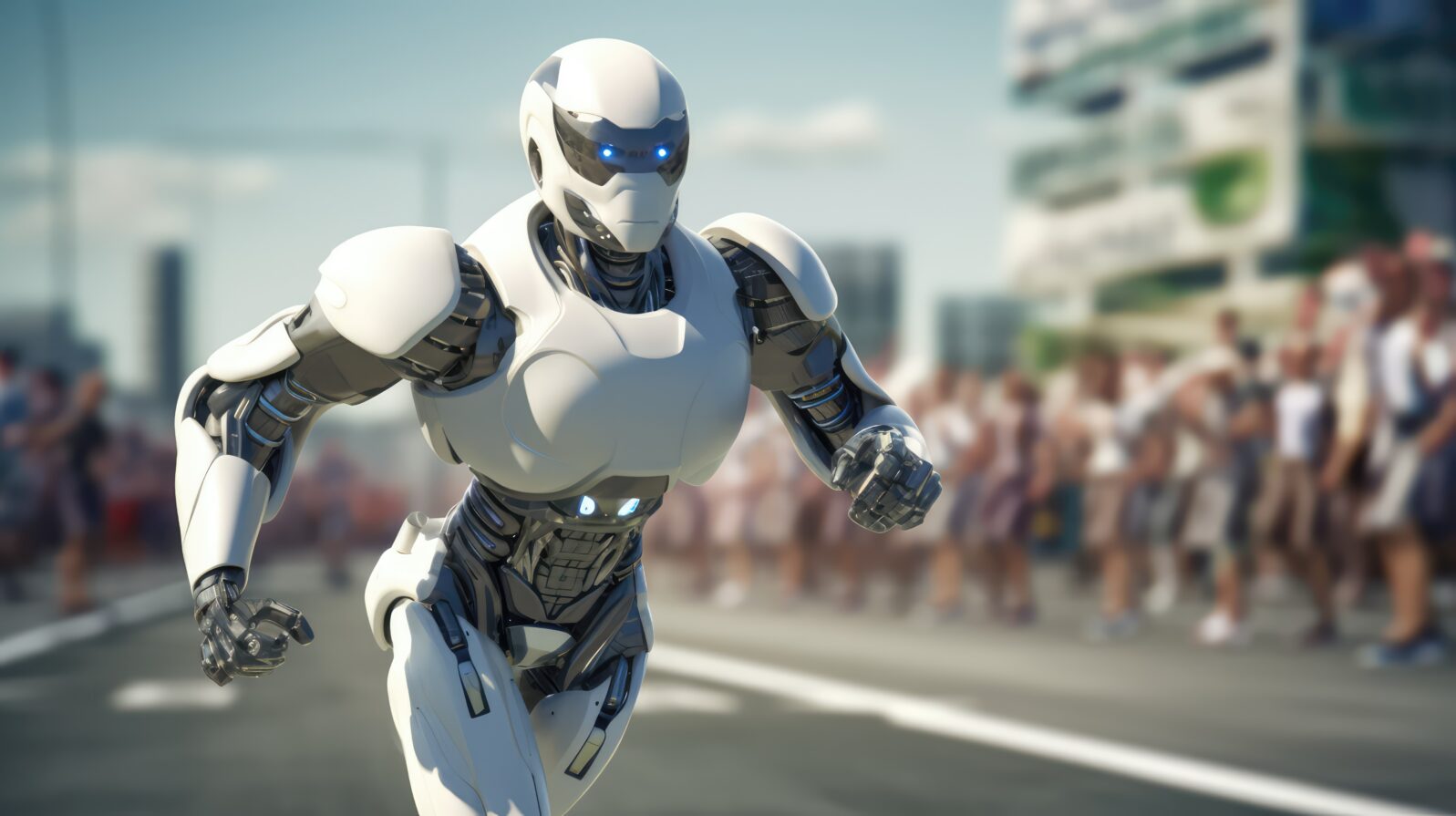 A running humanoid robot in a marathon race with many people in the background. AI robot with ability to move and do activities like human. Artificial intelligence coexistence. Generative AI