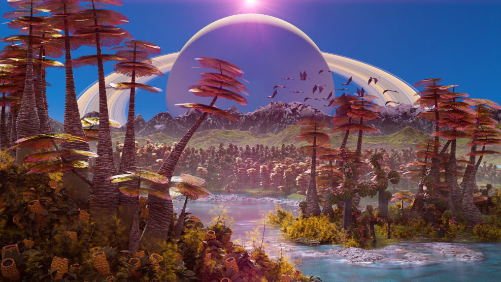 alien planet landscape, beautiful forest the surface of an exoplanet