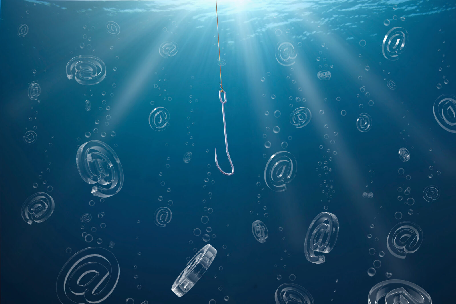 Blue underwater scene of a phishing hook trying to catch “@” signs, symbolizing email phishing.