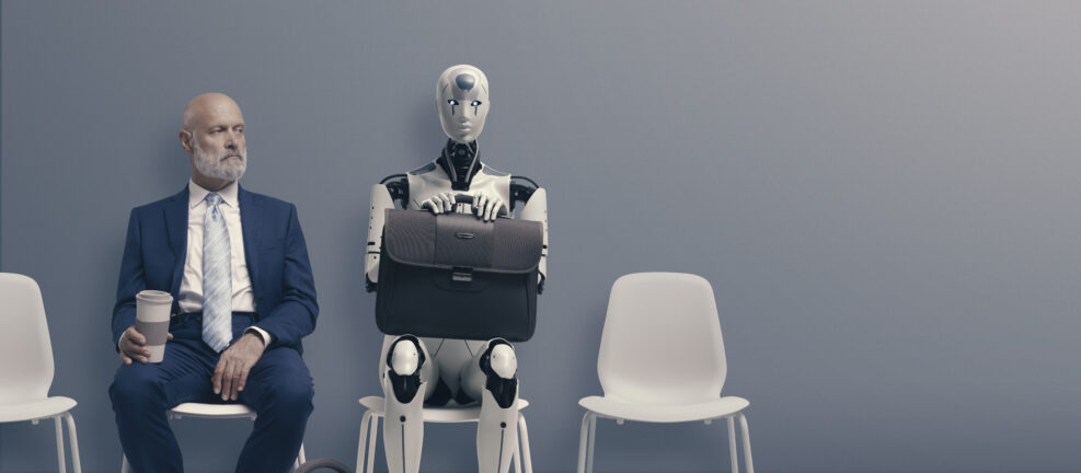 Man and AI robot waiting for a job interview