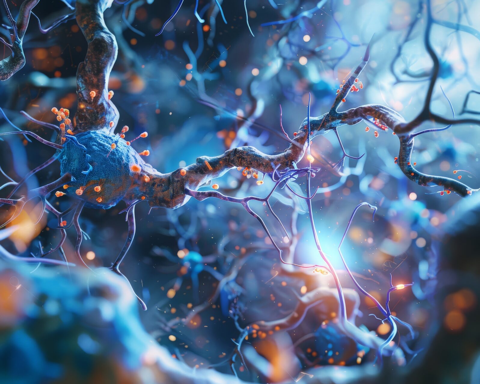 Neural landscape with densely packed neurons, selective focus on a synapse releasing neurotransmitters, vibrant blue and white colors, high-resolution digital illustration