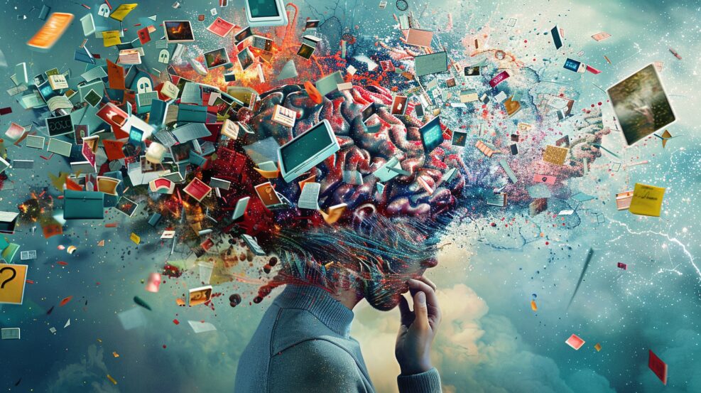 overwhelming information data explode out of head of young human brain, too much media, too much information, maximalism, news, social media addiction - coping strategies for digital overload