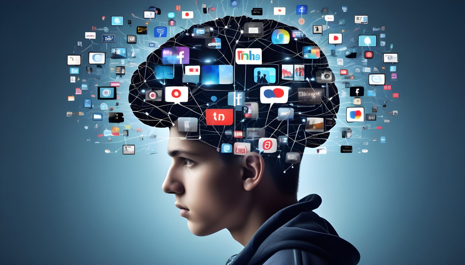 People with TV screens on the brain, addicted to social media, manipulation and mind control, by media, teenager disconnected to reality