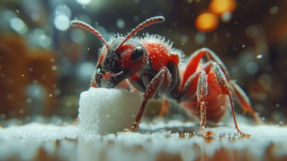 Ultra macro ant portrait shot, detailed close-up image of ant's face and trunk.