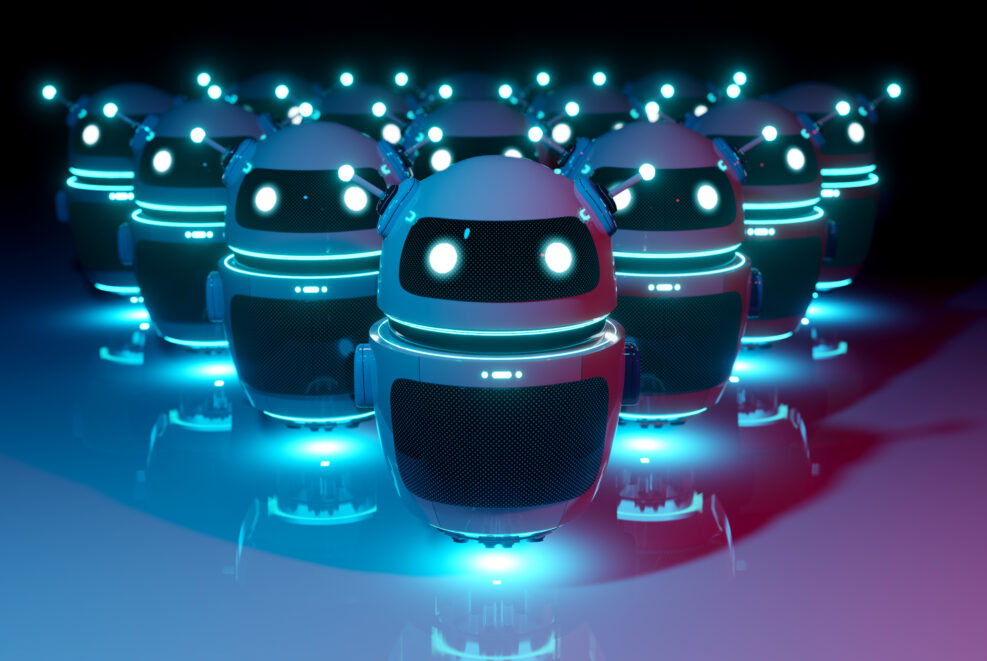 White chatbot robot leading robots group on dark bluish reddish background 3D rendering