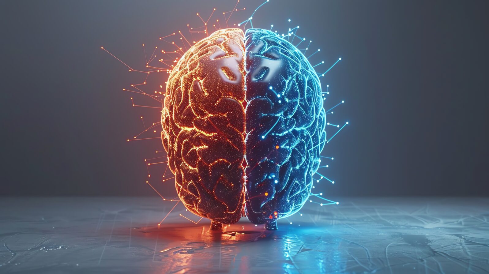 A stunning visual of a brain split into two halves, showcasing electric energy in contrasting colors, symbolizing creativity and logic.