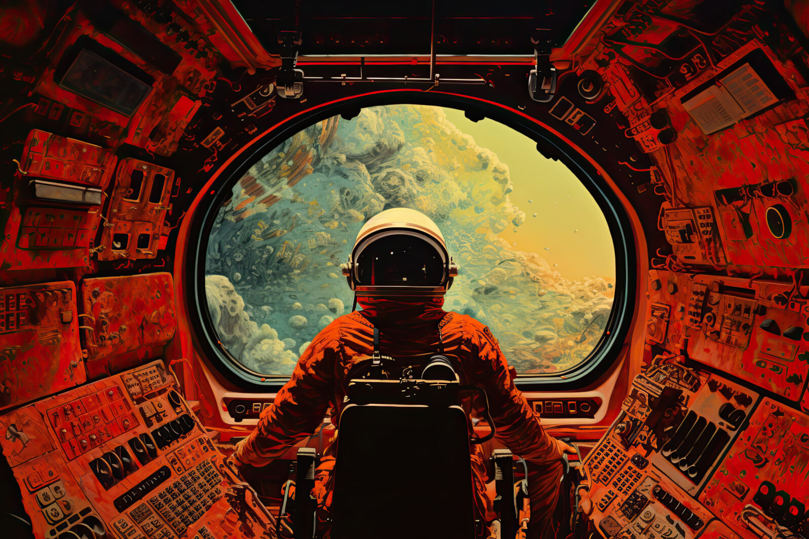 An astronaut inside his cockpit looking at a cloudy strange land