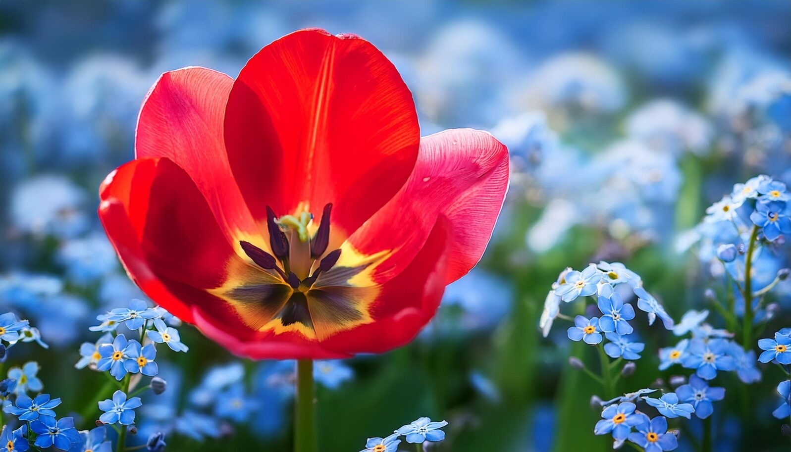 beautiful red tulip on the background of forget me nots