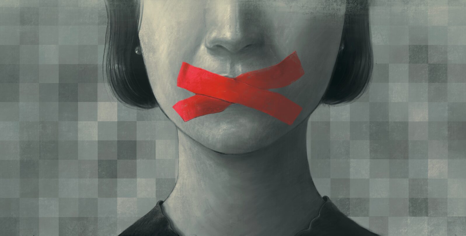 Concept idea freedom of speech freedom of expression democracy feminism and censored, surreal painting, portrait illustration, political art, women's rights, conceptual artwork