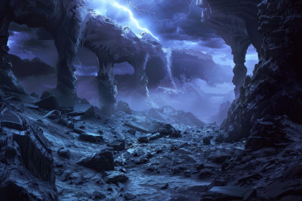 Dark alien planet landscape with lightning storm and rocky terrain