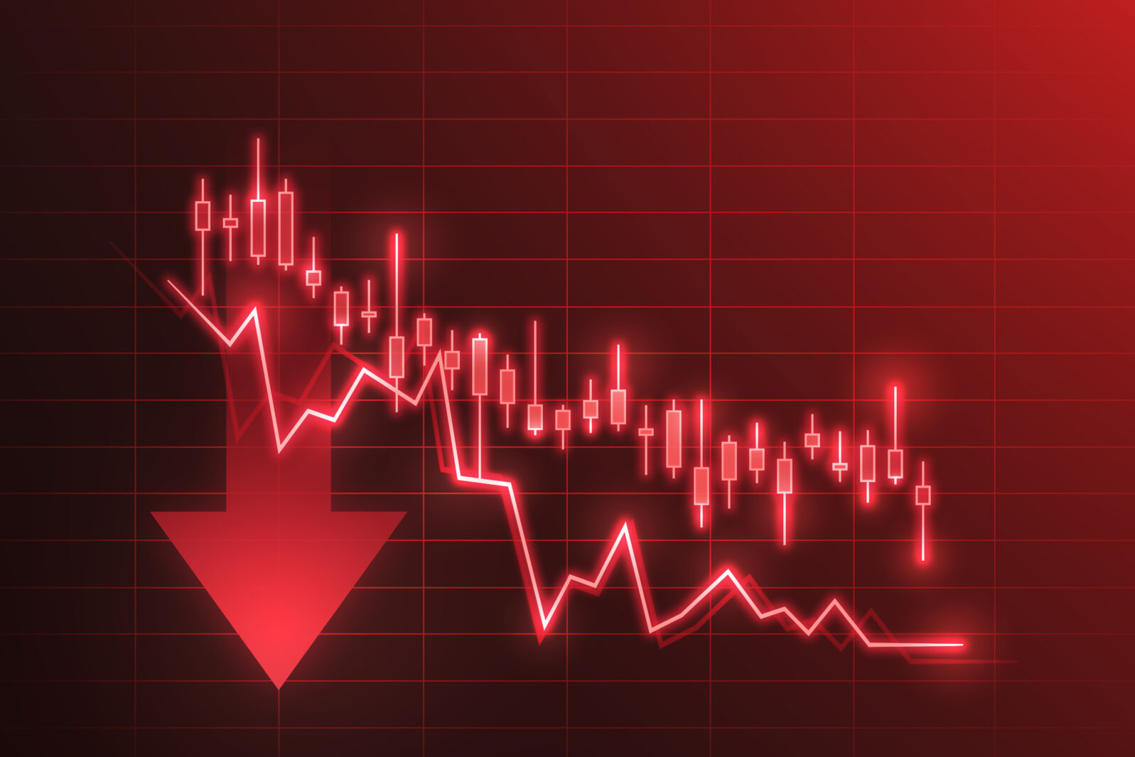 Financial crisis stock chart business on economy market background with down diagram money exchange finance graph or loss global investment trade analysis recession and fall sales price crash risk.