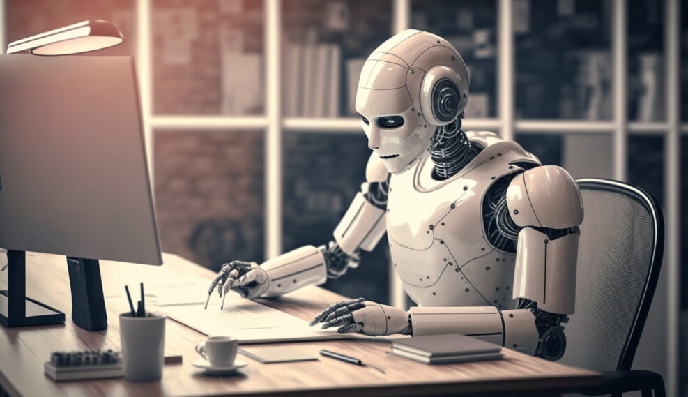 Humanoid robot doing work in front of a laptop in an office room. Based on Generative Ai.