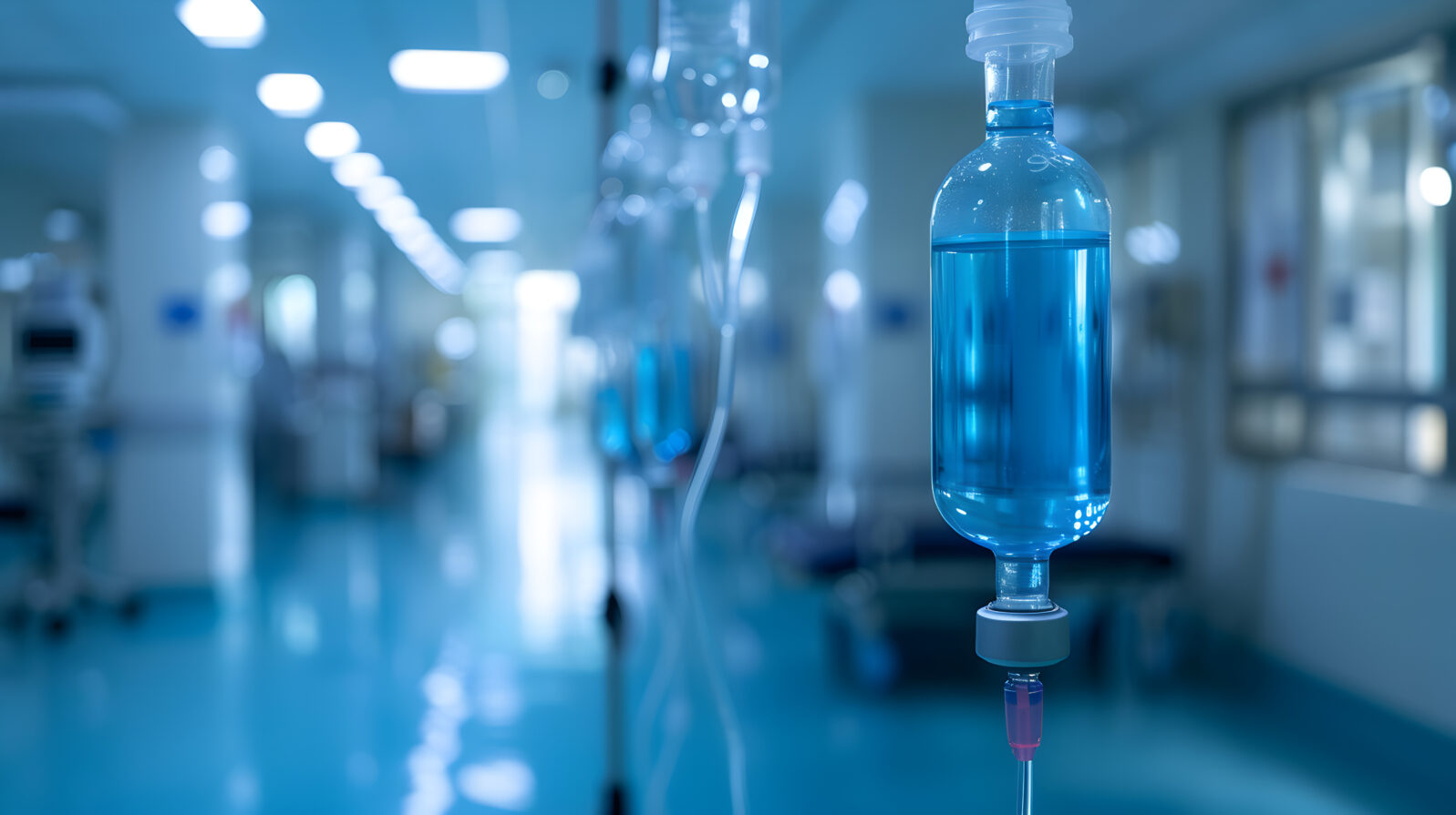 IV fluids blue bag drip intravenous medicine to cure patients. iron magnesium and vitamin infusion. blurry background of a hospital room