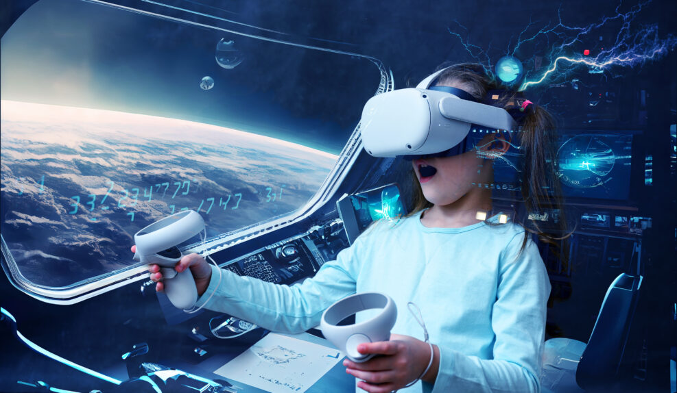 Metaverse and kid concept, child using virtual reality headset in space adventure game