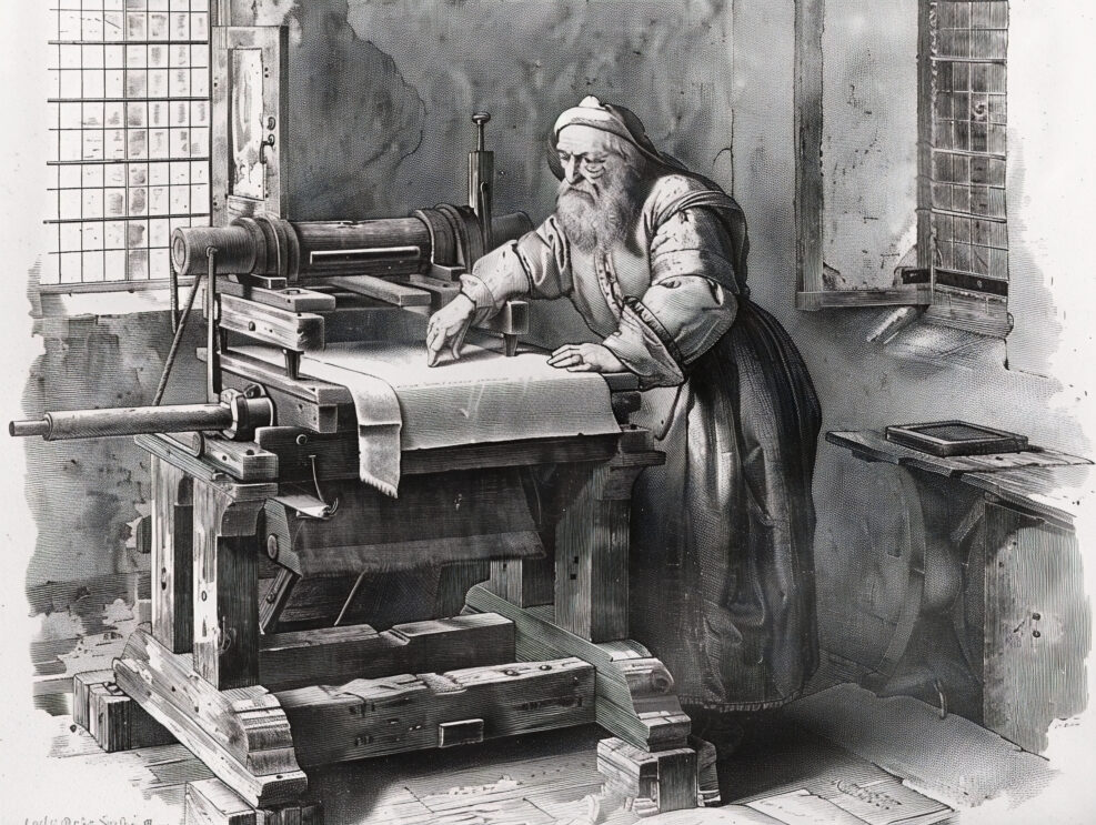 Revolutionary moment captured as Gutenberg demonstrates his groundbreaking invention, the printing press, in action.