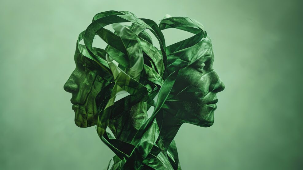 Two human profiles with a green abstract design, symbolizing concepts of nature, growth, and interconnectedness.